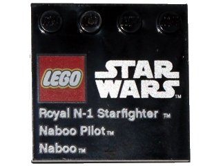 LEGO onderdeel Tile, Modified 4 x 4 with Studs on Edge with LEGO Star Wars Logo, 'Royal N-1 Starfighter', 'Naboo Pilot', and 'Naboo' Pattern (6179pb039)