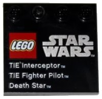LEGO onderdeel Tile, Modified 4 x 4 with Studs on Edge with LEGO Star Wars Logo, 'TIE Interceptor', 'TIE Fighter Pilot', and 'Death Star' Pattern 6179pb041