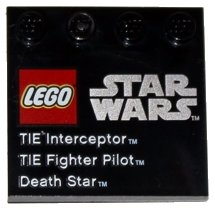 LEGO onderdeel Tile, Modified 4 x 4 with Studs on Edge with LEGO Star Wars Logo, 'TIE Interceptor', 'TIE Fighter Pilot', and 'Death Star' Pattern (6179pb041)