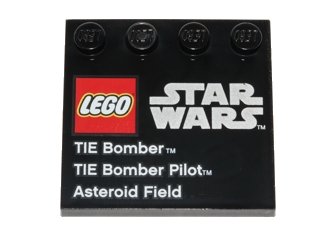 LEGO onderdeel Tile, Modified 4 x 4 with Studs on Edge with LEGO Star Wars Logo, 'TIE Bomber', 'TIE Bomber Pilot', and 'Asteroid Field' Pattern (6179pb057)