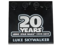 LEGO part Tile, Modified 4 x 4 with Studs on Edge with SW '20 YEARS LEGO STAR WARS 1999-2019' and 'LUKE SKYWALKER' Pattern 6179pb151