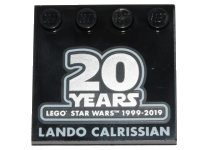 LEGO part Tile, Modified 4 x 4 with Studs on Edge with SW '20 YEARS LEGO STAR WARS 1999-2019' and 'LANDO CALRISSIAN' Pattern 6179pb152