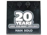 LEGO part Tile, Modified 4 x 4 with Studs on Edge with SW '20 YEARS LEGO STAR WARS 1999-2019' and 'HAN SOLO' Pattern 6179pb154