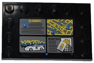 LEGO onderdeel Tile, Modified 4 x 6 with Studs on Edges with 'ALARM!!!!', Street Map, White Car and 'WANTED!' Pattern (Sticker) - Set 7498 (6180pb054)