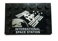 LEGO part Tile, Modified 4 x 6 with Studs on Edges with 'INTERNATIONAL SPACE STATION' and Space Station Image Pattern 6180pb123