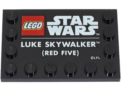 LEGO onderdeel Tile, Modified 4 x 6 with Studs on Edges with LEGO Star Wars Logo and White 'LUKE SKYWALKER (RED FIVE)' Pattern (6180pb154)
