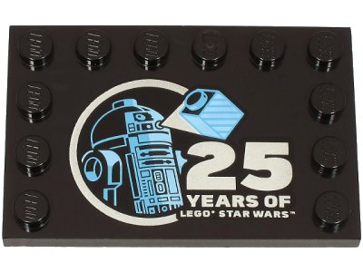 LEGO part Tile, Modified 4 x 6 with Studs on Edges with Bright Light Blue and Medium Blue R2-D2 Minifigure and Silver '25 YEARS OF LEGO STAR WARS' Pattern (6180pb195)