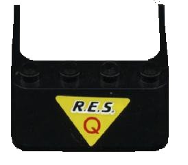 LEGO part Windscreen 4 x 4 x 1 with Black 'R.E.S.' and Red 'Q' on Yellow Triangle Pattern (Sticker) - Set 6451 (6238pb01)