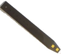 LEGO part Plate, Modified 2 x 16 with Angled Side Extensions and Axle Hole (Rotor Blade) with 2 Yellow Stripes Black Outlined Pattern (Sticker) - Set 60138 62743pb007
