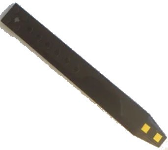 LEGO onderdeel Plate, Modified 2 x 16 with Angled Side Extensions and Axle Hole (Rotor Blade) with 2 Yellow Stripes Black Outlined Pattern (Sticker) - Set 60138 (62743pb007)