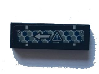 LEGO part Tile 1 x 3 with Warning Sign and Arrow on Blue and Silver Hexagons Pattern (Sticker) - Set 75915 (63864pb040)
