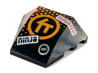 LEGO part Wedge 4 x 3 Triple Curved No Studs with Orange Ninjago C Symbol in Circle, Orange Dots, 'ninja' and 'ninjago' Pattern 64225pb035