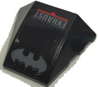 LEGO part Wedge 4 x 3 Triple Curved No Studs with Dark Bluish Gray Batman Logo, 'EXHAUST', and Red Stripe Pattern (Sticker) - Set 70908 64225pb055