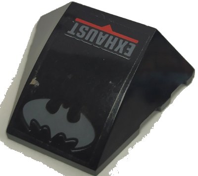 LEGO onderdeel Wedge 4 x 3 Triple Curved No Studs with Dark Bluish Gray Batman Logo, 'EXHAUST', and Red Stripe Pattern (Sticker) - Set 70908 (64225pb055)