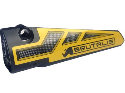 LEGO onderdeel Technic, Panel Fairing # 5 Long Smooth, Side A with Grilles, 'BRUTALIS' and Rhino on Yellow Background Pattern (Sticker) - Set 42094 (64681pb058)
