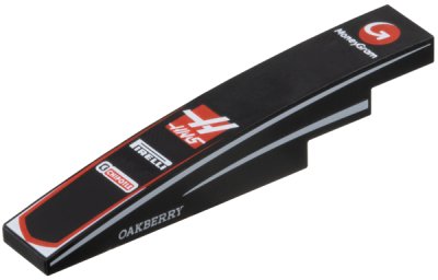 LEGO part Slope, Curved 6 x 1 with Red and White 'MoneyGram', 'HAAS', 'PIRELLI', 'CHIPOTLE' and 'OAKBERRY' Logos, Stripes on Both Sides Pattern (6801pb07)