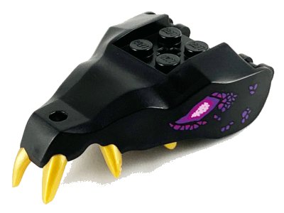 LEGO onderdeel Dragon Head (Ninjago) Jaw with 2 Bar Handles on Back with Molded Gold Teeth, Magenta and Dark Purple Eyes and Scales Pattern (72224pb02)