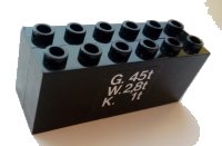 LEGO part Brick, Modified 2 x 6 x 2 Weight - Bottom Openings, Center Seam on Ends with White 'G. 45t W. 2,8t K. 1t' Pattern (Sticker) - Set 7727 73090apb01
