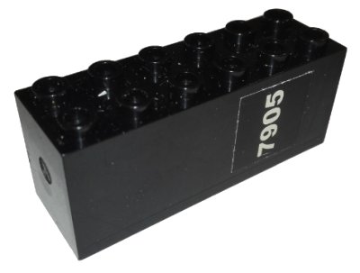 LEGO onderdeel Brick, Modified 2 x 6 x 2 Weight - Bottom Sealed, Dimple on Ends with White '7905' Pattern (Sticker) - Set 7905 (73090bpb01)