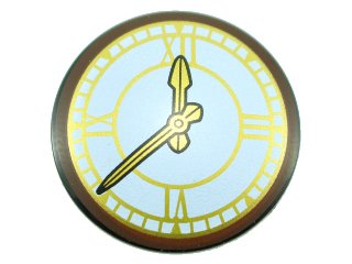 LEGO onderdeel Minifigure, Shield Circular Convex Face with Clock with Gold Hands and Roman Numerals Pattern (75902pb11)