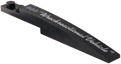 LEGO part Slope, Curved 10 x 1 with Dark Bluish Gray Batman Logo and Silver 'Wreckreactional Vehicle' Pattern Model Left Side Pattern (Sticker) - Set 70917 (85970pb029L)