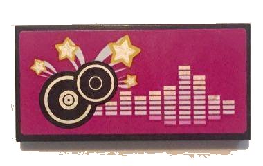 LEGO part Tile 2 x 4 with Black and Silver Record Disks and Silver Frequency Bars on Magenta Background Pattern (Sticker) - Set 41058 (87079pb0316)