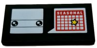 LEGO onderdeel Tile 2 x 4 with White BrickHeadz Head and Word Balloon with 'SEASONAL' and Yellow Star on Red Calendar Pattern 87079pb0470