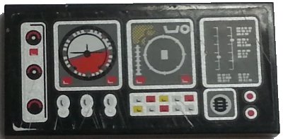 LEGO onderdeel Tile 2 x 4 with Airplane Gauges and Buttons on Black Background Pattern Model Left Side (Sticker) - Set 9396 (87079pb0707L)