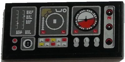 LEGO onderdeel Tile 2 x 4 with Airplane Gauges and Buttons on Black Background Pattern Model Right Side (Sticker) - Set 9396 (87079pb0707R)