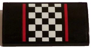 LEGO onderdeel Slope, Curved 2 x 4 x 2/3 with Bottom Tubes with Red Stripes and Black and White Checkered Pattern (Sticker) - Set 60084 (88930pb052)