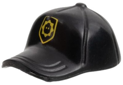 LEGO onderdeel Minifigure, Headgear Cap - Short Curved Bill with Seams and Button on Top with Yellow Badge with Minifigure Head Silhouette Pattern (93219pb06)