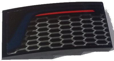 LEGO part Slope, Curved 4 x 2 with Red Taillight Line, Honeycomb Grille and Dark Blue Stripe Pattern Model Left Side (Sticker) - Set 42154 (93606pb212L)