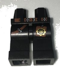 LEGO part Hips and Legs with Reddish Brown Belts, Silver Buckle, Gold Badge on Hip Pattern 970c00pb0608