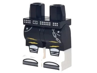 LEGO onderdeel Hips and Legs with Pockets, Silver Chain and Belt, Yellow Lightning, Knee Pads, and White Boots with Dark Bluish Gray Tips Pattern (970c00pb0705)