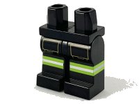 LEGO part Hips and Legs with Lime and Silver Reflective Stripes Continuing on Sides and Tan Pockets Pattern 970c00pb1004