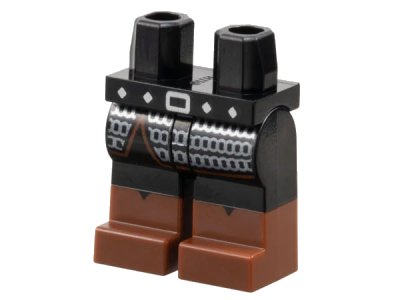 LEGO onderdeel Hips and Legs with Molded Reddish Brown Lower Legs / Boots and Printed Silver Buckle, Belt Studs and Chain Mail Pattern (970c00pb1709)