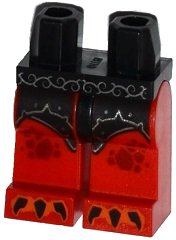 LEGO onderdeel Hips and Red Legs with Ornate Silver Belt, Black Armor, Dark Red Spots and Orange and Black Claws Pattern (970c05pb14)