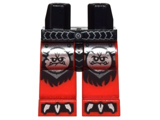 LEGO onderdeel Hips and Red Legs with Silver Belt, Round Monster Face Emblems and Claws and Black Fur Pattern (970c05pb16)