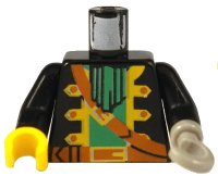 LEGO onderdeel Torso Pirate Captain Jacket Open with Yellow Trim over Green Shirt with Neck Ruffle, Brown Strap, Belt with Buckle Pattern / Black Arms / Light Gray Hook Left / Yellow Hand Right 973p36c01