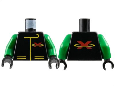 LEGO onderdeel Torso Racing Suit with Red Letter X Extreme Team Logo and Yellow Lines Pattern / Green Arms / Black Hands (973p8ac01)