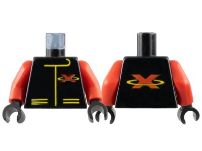 LEGO onderdeel Torso Racing Suit with Red Letter X Extreme Team Logo and Yellow Lines Pattern / Red Arms / Black Hands (973p8ac02)
