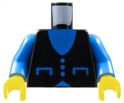 LEGO part Torso Town Blue V-Neck, Pockets and Buttons Pattern / Blue Arms / Yellow Hands (973pb0069c01)