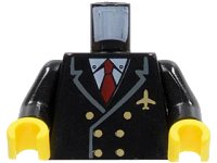 LEGO part Torso Airplane Pilot, Suit Double Breasted, Red Tie, Gold Buttons and Logo Pin Pattern / Black Arms / Yellow Hands 973pb0109c01