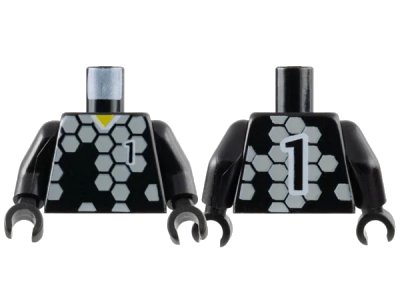 LEGO onderdeel Torso Soccer Uniform Shirt with Light Gray Hexagons, Number 1, Yellow Neck Pattern / Black Arms / Black Hands (973pb0166c01)