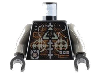 LEGO onderdeel Torso Space Insectoids Droid Dark Gray Triangle Logo and Circles, Silver and Copper Circuitry Pattern / Dark Gray Arms / Black Hands (973pb0198c01)
