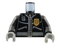 LEGO part Torso Police Leather Jacket, Gold Badge, Radio, Belt Pattern / Black Arms / Dark Bluish Gray Hands 973pb0261c01