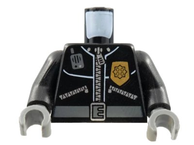 LEGO onderdeel Torso Police Leather Jacket, Gold Badge, Radio, Belt Pattern / Black Arms / Dark Bluish Gray Hands (973pb0261c01)