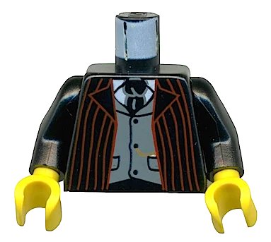 LEGO onderdeel Torso Dark Red Stripe Suit Front, Gray Vest and Tie on White Shirt, Gold Fob Pattern / Black Arms / Yellow Hands (973pb0267c01)