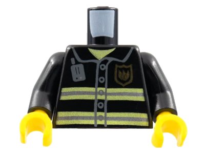 LEGO onderdeel Torso Fire Uniform Gold Badge, Silver Reflective Stripes, Dark Bluish Gray Radio Pattern / Black Arms / Yellow Hands (973pb0300c01)