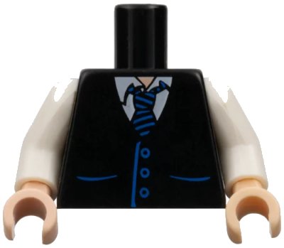LEGO onderdeel Torso Vest with Pockets and Buttons over White Shirt, Tie with Blue Stripes, Light Nougat Neck Pattern / White Arms / Light Nougat Hands (973pb0321c01)